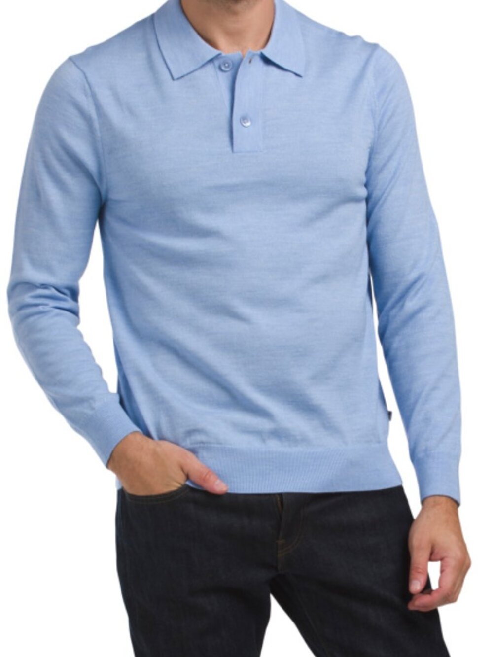 NN07 Men's Blue Wool Blend Long Sleeve Knit Polo Sweater